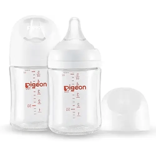 Pigeon Glass Nursing Bottle Wide Neck, Anti-Colic, Streamlined Body, Natural Feel, Easy to Clean, Heat-Resistant, 5.4 Oz (Pack of 2), Includes 2pcs SS Nipples (0m+)