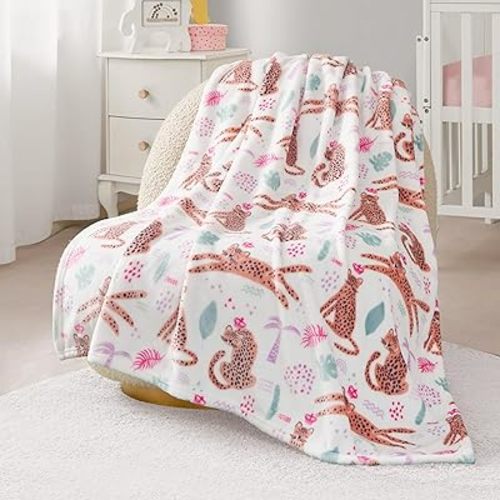 Juicy Couture Baby 40" x 50" Plush Throw, White Leopard Jungle Cozy Nursery, Crib, or Stroller Throw Blanket