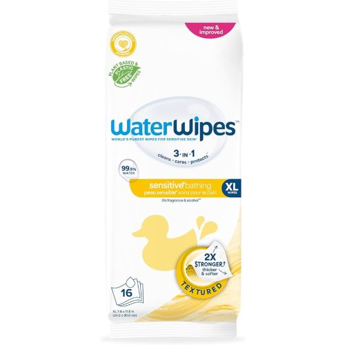 WaterWipes Sensitive+ Bathing Wipes, 3-In-1 Cleans, Cares, Protects, 99.9% Water, Unscented & Hypoallergenic, 16 Count (1 Pack)