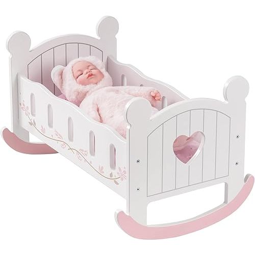ROBOTIME Wooden Play Doll Cradle Rocking Baby Doll Crib, Reversible Doll Bedding for Toddler Girl,Fits Dolls Up to 20 Inches (White)