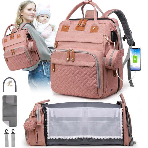 Morfone Diaper Bag Backpack with Changing Station, Waterproof Large Capacity Baby Bag with USB Charging Port & Pacifier Case - Unisex, Pink