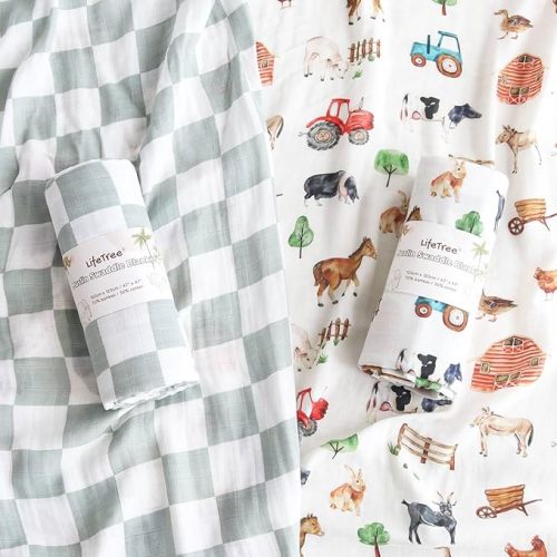 LifeTree Muslin Swaddle Blankets, Farm Animals Baby Swaddling Wrap Nursery Receiving Blanket for Boys & Girls, Soft 70% Viscose from Bamboo and 30% Cotton, Large 47 x 47 inches