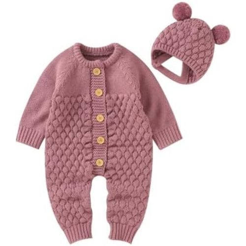 LAWKUL Baby Outfit Cotton Knit Newborn Infant Romper Knitted Longsleeve Sweater Clothes With Warm Hat Set Toddler Boy Girl