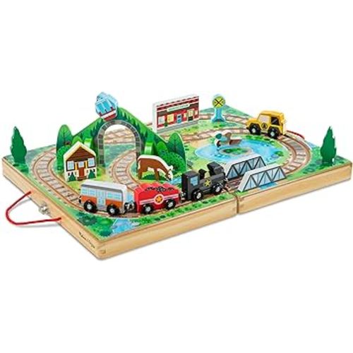 Melissa & Doug 17-Piece Wooden Take-Along Tabletop Railroad, 3 Trains, Truck, Play Pieces, Bridge Wooden Train Sets For Kids Ages 3+ - FSC-Certified Materials