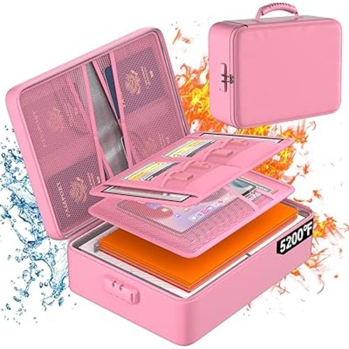 DocSafe 5200°F Document Organizer with Lock,Upgraded Heat Insulated Fireproof&Waterproof Box 8 Layers File Organizer,Portable Home Travel Safe Storage for Important Documents, Files,Pink (Soft)