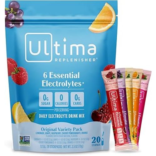 Ultima Replenisher Daily Electrolyte Powder – Original Variety Pack, 20 Stickpacks – Zero Sugar Hydration Packets with 6 Electrolytes and Minerals – Sugar Free, Plant Based & Keto Friendly​ Drink Mix