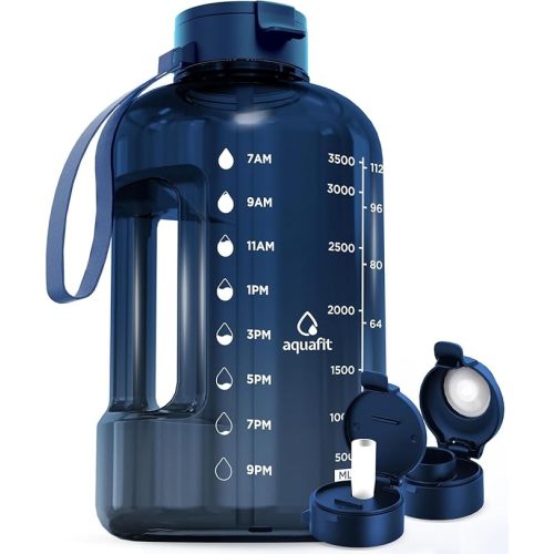 AQUAFIT 1 Gallon Water Bottle with Time Marker - Straw & Chug Lid - BPA Free Gym Water Bottle with Straw - Big Gallon Jug (Nebula 2, 128 oz - 2 Lids)