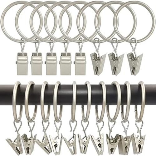 100 Pack Curtain Rings with Clips, Curtain Clip Rings Hooks, Bow Hanger Clips for Hanging Drapery Drapes Bows, Ring 1.26 inch Interior Diameter, Fits up to 1" Rod, Matte Silver