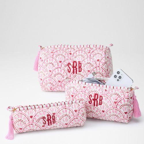 Block Print Quilted Cosmetic Pouch - Hearts
