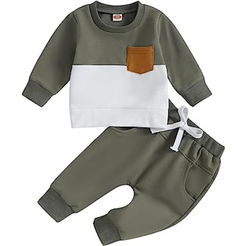 Toddler Baby Boy Outfits Long Sleeve Pocket Pull On Sweatshirt Solid Pants Infant Fall Winter Clothes Set
