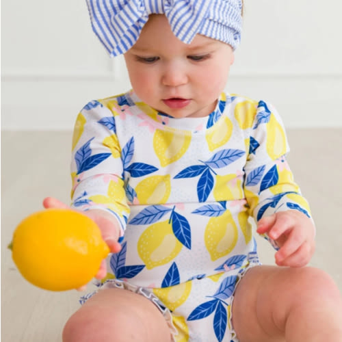 Novelty Long Sleeve One Piece Rash Guard Swim Suit with Ruffles - Lemon Capri 6-12 months