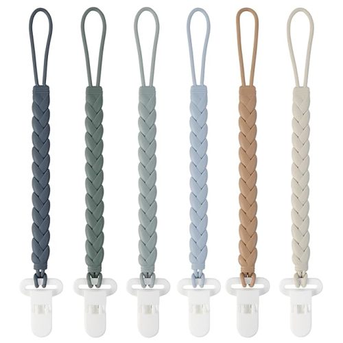 6-Pack Silicone Pacifier Clips with a Woven Rope Shape for Baby Boys and Girls - Flexible and Rust-Free Holders for Teething Relief and Baby Essentials, Safe for Newborns (Grey)