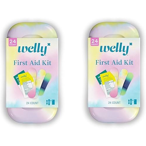 Welly Quick Fix Colorwash, On The Go First Aid Kit, Assorted Bandages, Ointments, and Hand Sanitizer, Tie Dye Patterns, 2 Pack