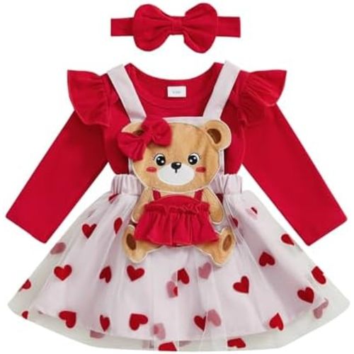Newborn Baby Girl Valentine’s Day Outfit Long Sleeve Romper Bear Embroidery Tulle Suspender Skirt Headband Set
