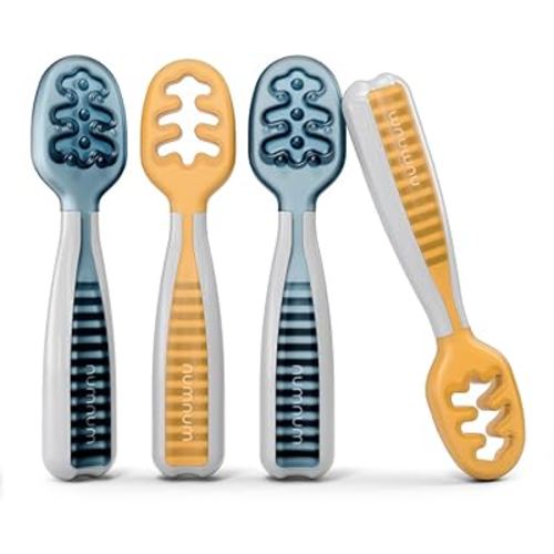 NumNum Baby Spoons Set, Pre-Spoon GOOtensils for Kids Aged 6+ Months - First Stage, Baby Led Weaning (BLW) Teething Spoon - Self Feeding, Silicone Toddler Food Utensils - 4 Spoons, Blue/Orange