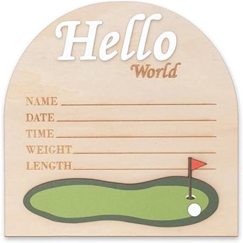 Golf Arch Wooden Birth Announcement Sign for Newborn - Hello World Golfing Plaque for Baby Boy Girl - Hospital Name Date Weight Stat Board - Sports Nursery Decor Photo Prop Keepsake Gift