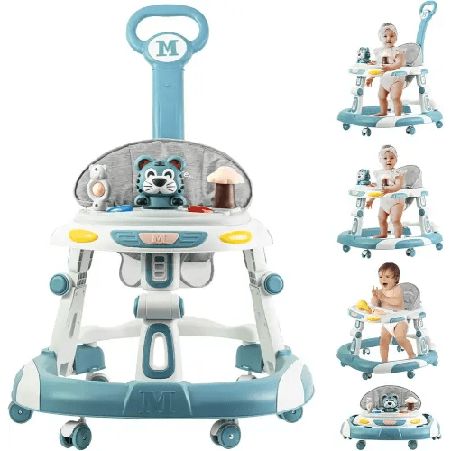 Baby Walker, 4-in-1 Foldable Baby Walkers and Baby Activity Center with Toys Tray,3-Gear Height Adjustable Infant Toddler Baby Walker with Wheels for Baby Boys and Girls 6-24 Months(Blue)