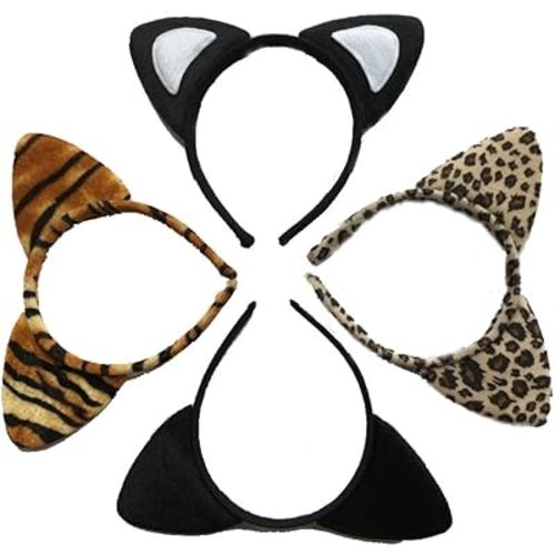 4 Pack Girl Headband Cloth Tiger Leopard Cat Ear Headband Animal Cartoon Hair Hoop Fancy Dress Party Supply, Mixed Colors