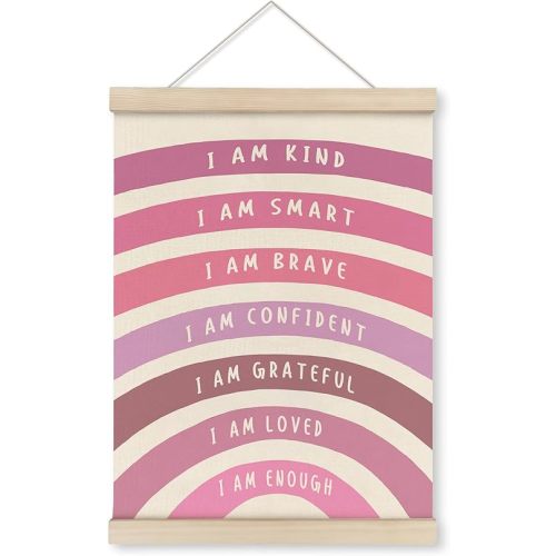 Pink I Am Kind Smart Poster Hanger Frame, Boho Rainbow Classroom Wall Art with Wooden Frames, Positive Affirmation Hanging Wall Decor for Nursery Girls Room, Mental Health Decor,12x16 inch