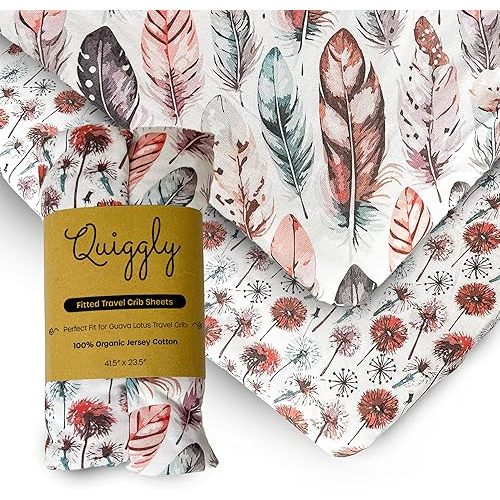 Quiggly Travel Crib Sheets for Guava Lotus, 2 Pack Organic Cotton Jersey Knit, Vibrant Feather & Dandelion Patterns - Fits Crib Mattress for Boys & Girls