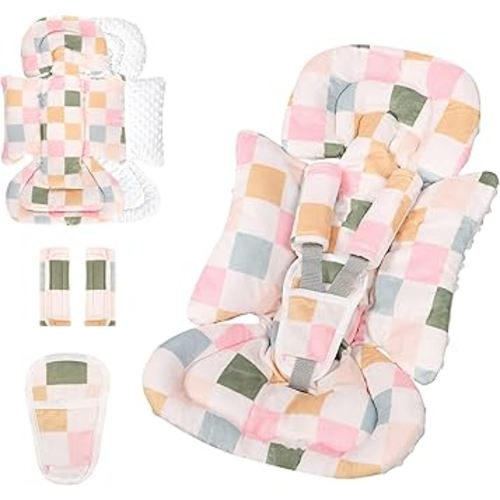 DILIMI Infant Car Seat Insert, Baby Car Seat Head Support with 3 Strap Paddings, Soft Newborn Car Seat Cushion for Stroller, Swing, Bouncers, Colorful Checkered