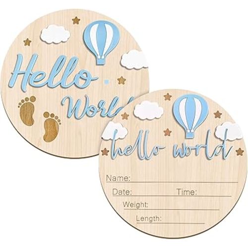Hello World Baby Sign, 5.9 Inch Double-Sided Wooden Cute Baby Announcement Sign, Birth Announcement for Newborn Boy Girl Photo Props Shower Hospital Nursery (Light Blue)