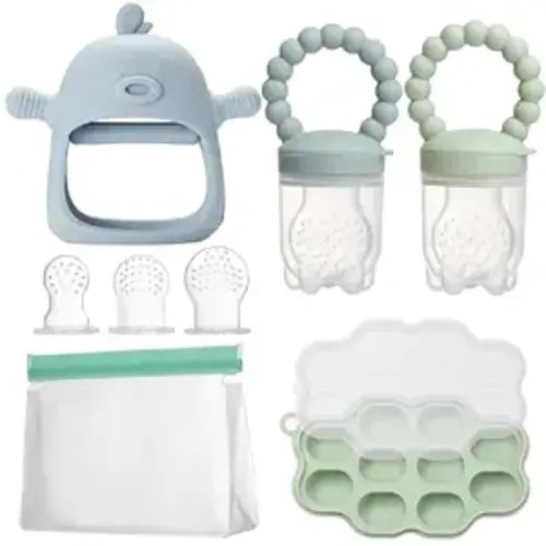Baby Feeding & Teething Kit, Includes Breastmilk Popsicle Molds, 2 Baby Fruit Food Feeders Pacifiers, 3 Extra Food Pouches, Silicone Teething Toys & Storage Bag for Infant Newborn, BPA Free - Blue & Green
