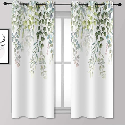 BSPPTI Eucalyptus Curtains, Weeping Green Succulent Plant Flower Room Darkening Thermal Insulated Polyester Fabric, Grommets Window Drapes for Living, Dining, 42"x 63", 2 Panels CLLSSP1550