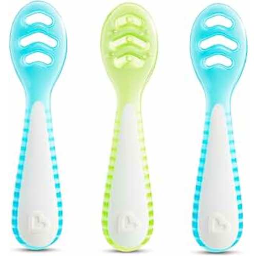 Munchkin® Gentle Dip™ Multistage First Spoon Set for Baby Led Weaning, Self Feeding, Solids & Purees, 3 Pack, Blue/Green