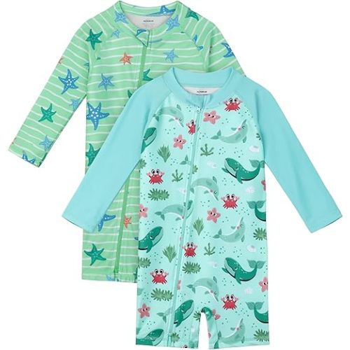 2 Pack Baby Toddler Swimsuits UPF 50+ Sun Protection Long-Sleeve Rash Guards Baby Dry Fit Bathing Suit with Zip