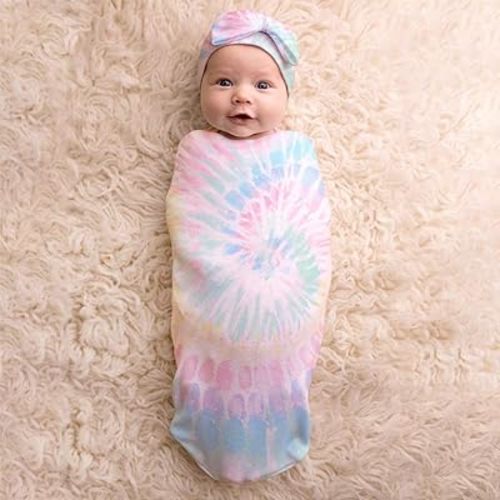 Itzy Ritzy Cocoon & Hat Swaddle Set - Swaddle for Newborns Includes Name Announcement Card & Jersey Knit Cocoon & Hat Set, Perfect for Newborn Photography - for 0 to 3 Months (Rainbow Swirl Tie Dye)