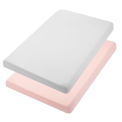TILLYOU Mini Crib Fitted Sheets - Soft Knit Sheet for Pack N Play, Microfiber Mini Crib Sheets, Playpen Bedding Sheet for Baby 2 Pack, Machine Washable, 38'' x 24'',Light Gray & Peachy Pink