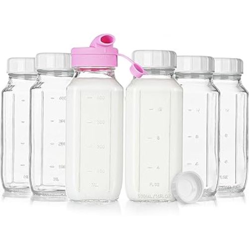 16 Oz Square Glass Milk Bottles with A Silicone Cover, 6 Pack Glass Bottles for Juicing with Airtight Lids, Glass Drinking Bottles with Lids and Scale Mark, Breast Milk Storage Jug Easy to Carry