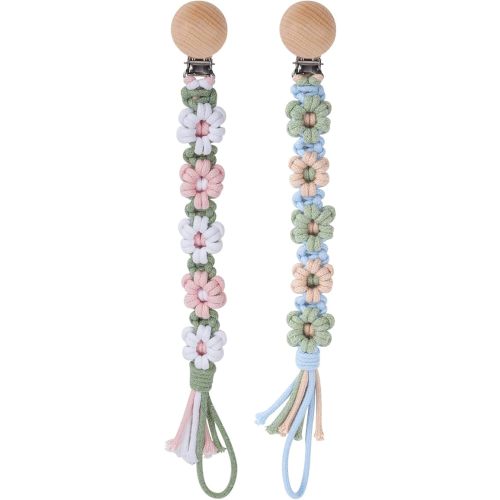 Pacifier Clip for Boys Girls Floral Daisy Macrame Baby Paci Clip Pacifier Holder Leash Boho Wooden Clips Handmade Braided Cotton Binky Clips (2pack:Misty Rose & Green Daisy)