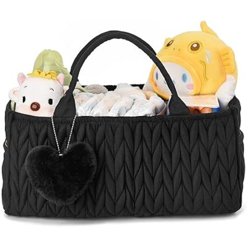 I IHAYNER Baby Diaper Caddy Cotton Rope Nursery Storage Bin and Car Organizer for Diapers and Wipes with Cute Pom-Pom Black