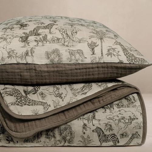 Vintage Safari Crib Bedding Set, 5-Layer Organic Cotton Muslin Crib Quilt & Sham, Jungle Elephant Giraffe Lion Zebra, Toddler Comforter 45x60, Reversible, Neutral Boy Nursery
