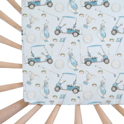 EyMzcod Baby Boys Standard Crib Sheet Covers Golf Gear Sport, Watercolor Blue Ball Glove Car Stick Snug Fitted Toddler Mattress Sheet, Soft Stretchy Breathable Kids Nursery Bed Decor Gift 52 x 28