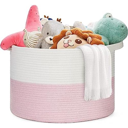 Ravinte Blanket Basket - 20"x 20"x 13" Cotton Rope Basket for Living Room, Baby Toy Storage Basket, Large Woven Laundry Basket (White-Pink)