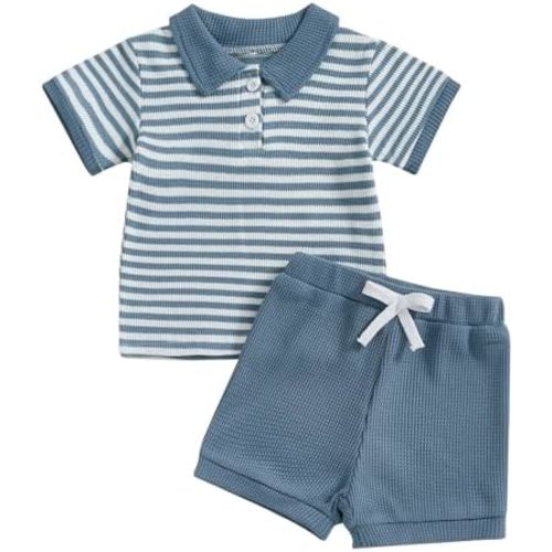 Kuriozud Newborn Baby Boy Summer Clothes Button Short Sleeve Romper Bodysuit Shorts Set Toddler Soft Waffle Outfit