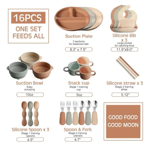 24 Pack Silicone Baby Feeding Set Baby LED Weaning Supplies Includes Suction Divided Plates Soft Bowl Spoons Forks Adjustable Bib Snack Cup and Straws(Walnut Color, Beige, Smoky Gray)