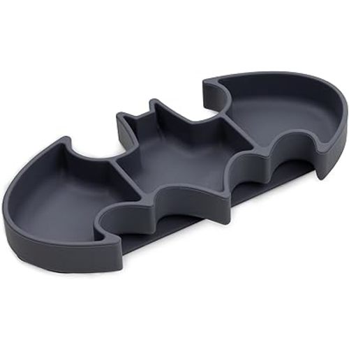 Bumkins Toddler and Baby Suction Plate, Silicone Grip Dish, Babies and Kids, Baby Led Weaning, Children Feeding Supplies, Non Skid Sticky Bottom, Platinum Silicone, Ages 6 Months Up, Batman Gray