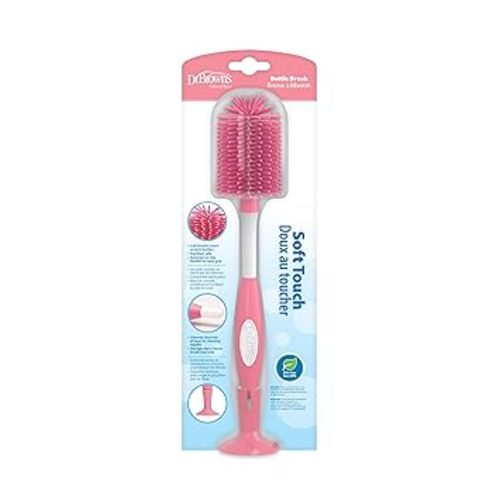 Dr. Brown's Soft Touch No Scratch Baby Bottle Cleaning Brush Nipple Cleaner with Stand and Storage Clip, BPA Free, Pink 1-Pack