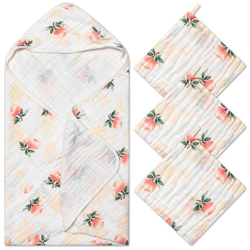 Zainpe 4Pcs Muslin Baby Hooded Towel & Washcloth Set Flowers Bud Pattern Soft Absorbent Cotton Bath Hood Towels for Newborn Toddlers Essentials Boys Girls Infant Shower Gift 31.5 x 31.5 in