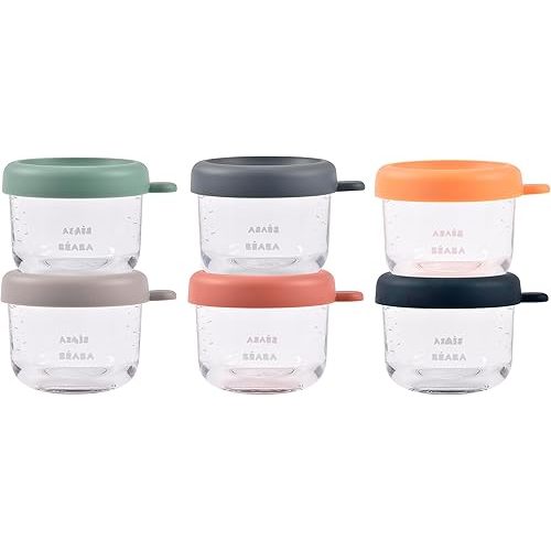 BEABA 6 Pack Glass Baby Food Jars with Soft Silicone Air Tight Lids, 5 oz Glass Storage Containers with Lids, Microwave and Freezer Safe Containers, Sunrise