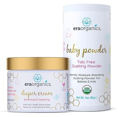 Organic Baby Powder & Diaper Rash Cream– USDA Organic Talc-Free Powder & Zinc Oxide Diaper Cream to Help Soothe, Moisturize & Protect Delicate Skin