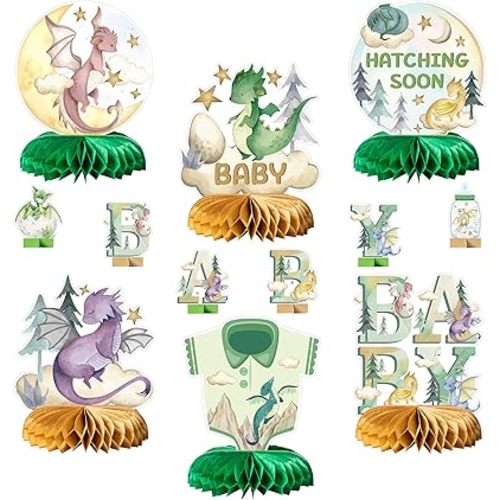 ANGOLIO 12Pcs Watercolor Dragon Letter Sign Party Honeycomb Table Centerpiece Dragon Fairy Hatching Soon Party For Baby Boys Girls Birthday Theme Party Baby Shower Table Decor Photo Props