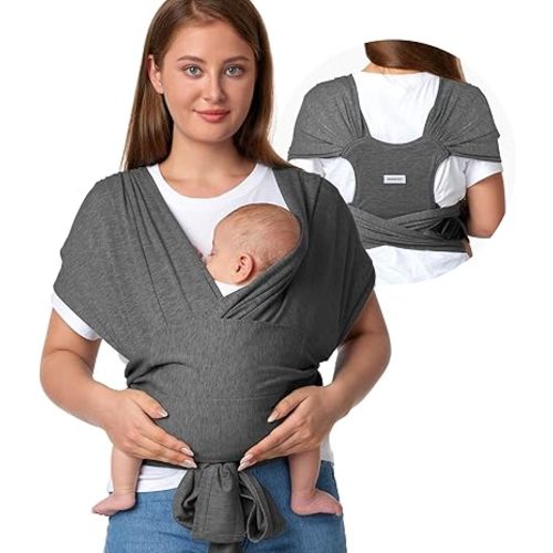 Momcozy Baby Wrap Carrier Skin-Friendly Fabric, Easy to Wear Baby Carrier Sling T-Shirt Design, Hands Free Baby Carriers Newborn to Toddler 8-35lbs, Adjustable Buckle for Waist 27-47inch, Deep Grey