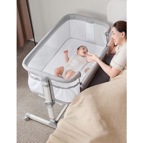 besrey Baby Bassinet Bedside Sleeper, Upgraded Extra Wider Bedside Crib Bassinet with Wheels - 50MM Oversized Lockable 360° Swivel, 9 Height Adjustable Baby Bed for Newborn Infant, Mattress Included