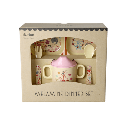 Melamine Baby Dinner Set in Gift Box - Fun Fair Print - Pink - 4 pcs - – Rice By Rice