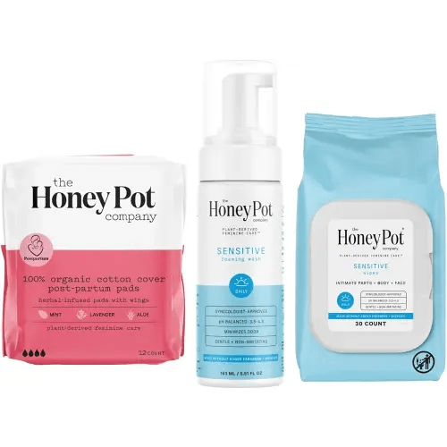 The Honey Pot Company - Postpartum Pads, Sensitive Feminine Wash & Wipes Bundle - Herbal Infused & PH Balanced Natural Hygiene Feminine Products - Postpartum Essentials - Feminine Care